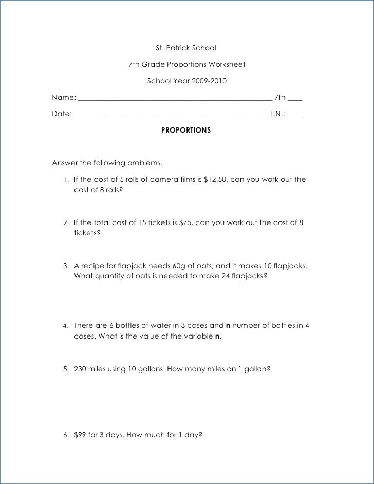 7Th Grade Ratios And Proportions Worksheets 7