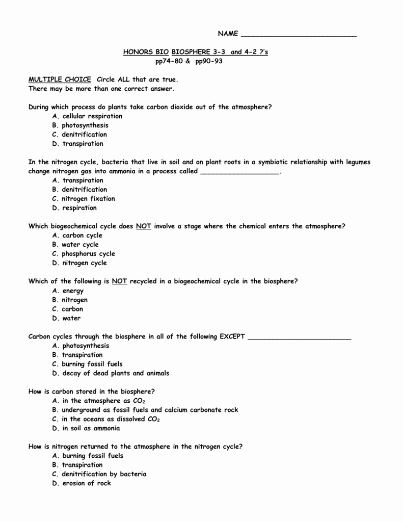 Biogeochemical Cycles Review Worksheet 1