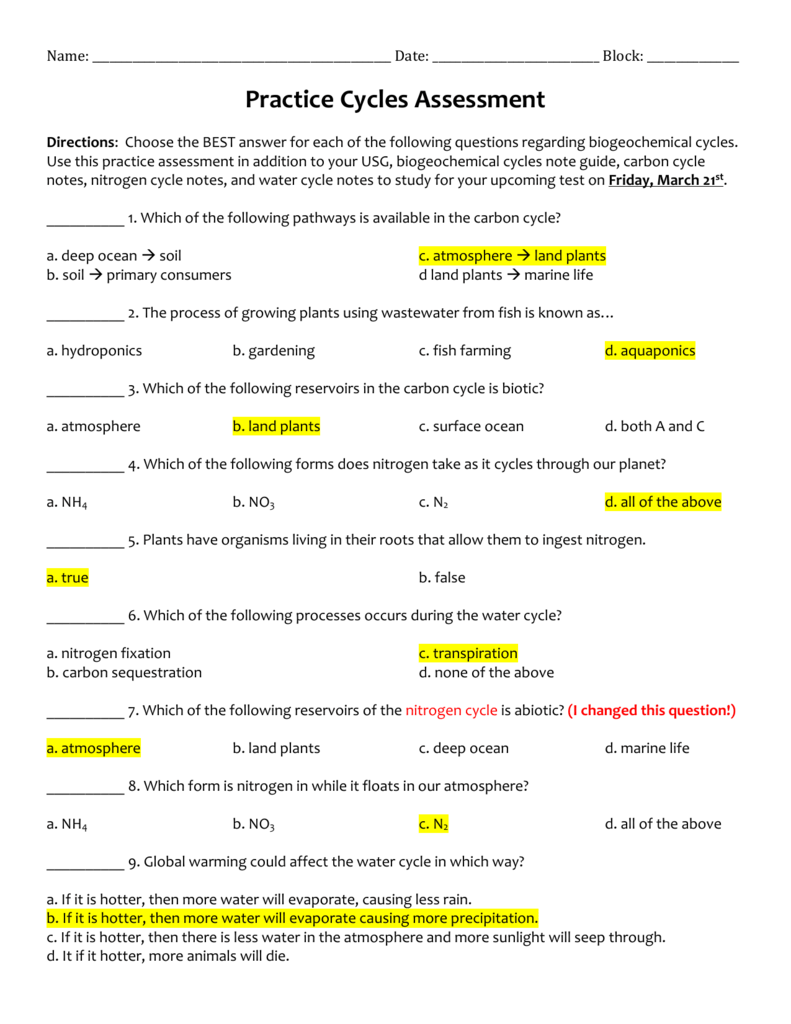 Biogeochemical Cycles Review Worksheet 10