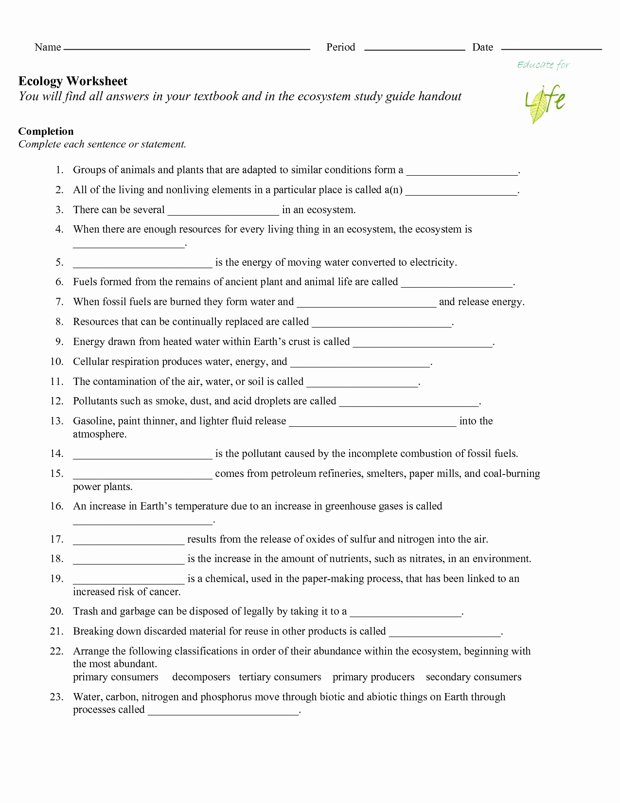 Biogeochemical Cycles Review Worksheet 2