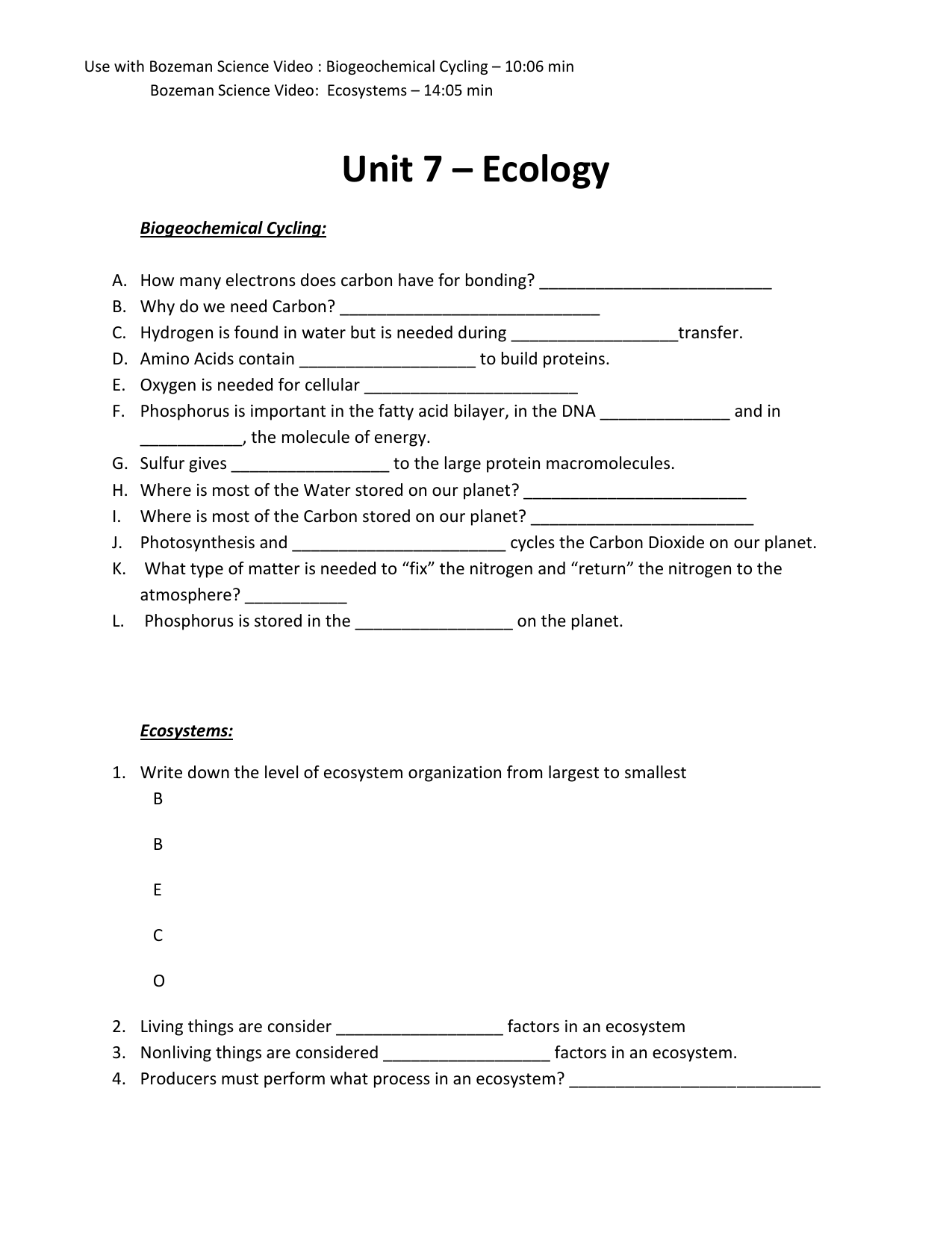 Biogeochemical Cycles Review Worksheet 5