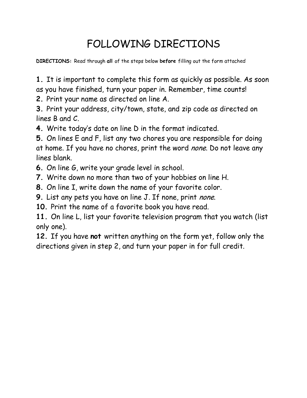 Follow Directions Trick Worksheet 12