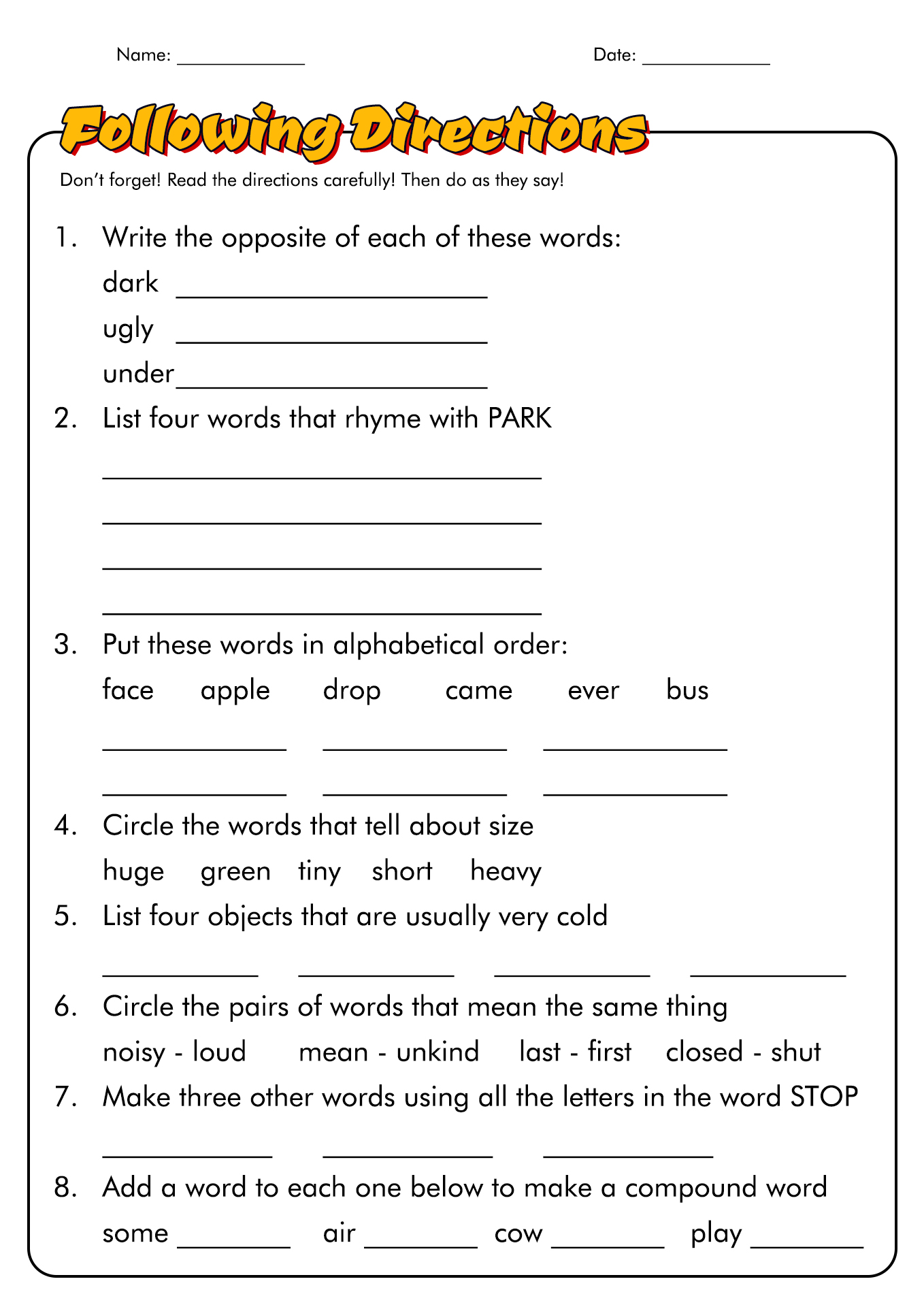 Follow Directions Trick Worksheet 15