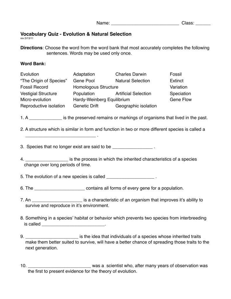 Natural Selection Worksheet For Middle School 18