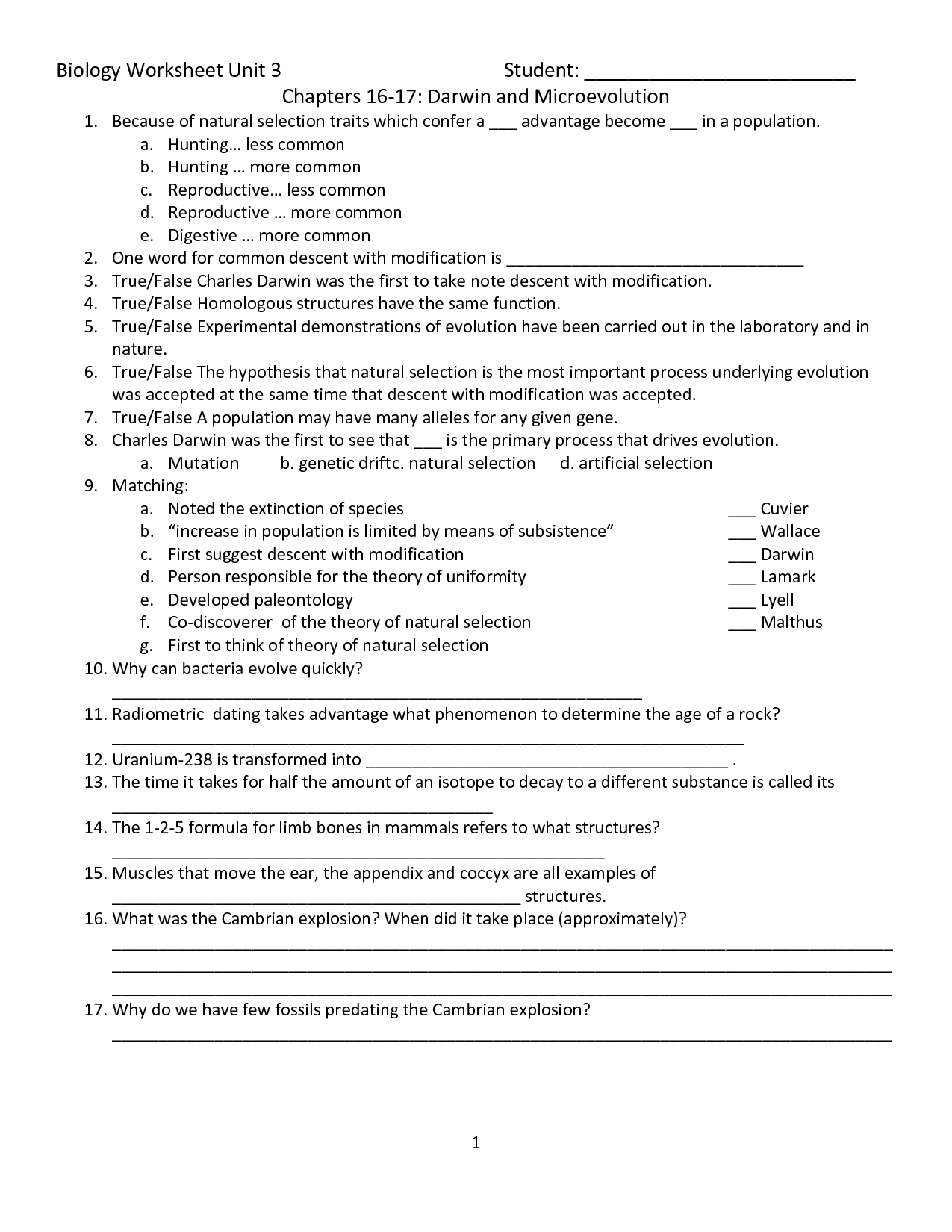 Natural Selection Worksheet For Middle School 2