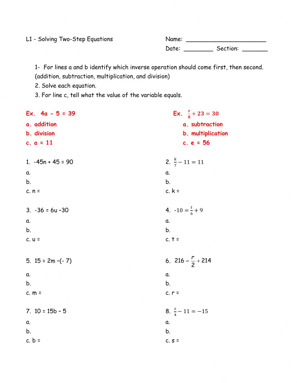 Two Step Equations Worksheet With Answers 34