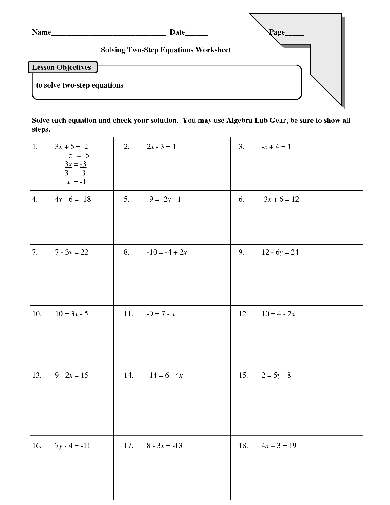 Two Step Equations Worksheet With Answers 43