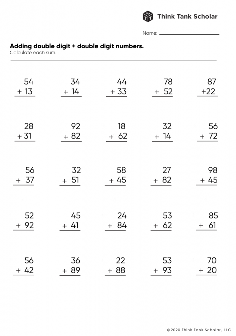 Addition Worksheets Exercises Printable PDF (FREE) - Think Tank