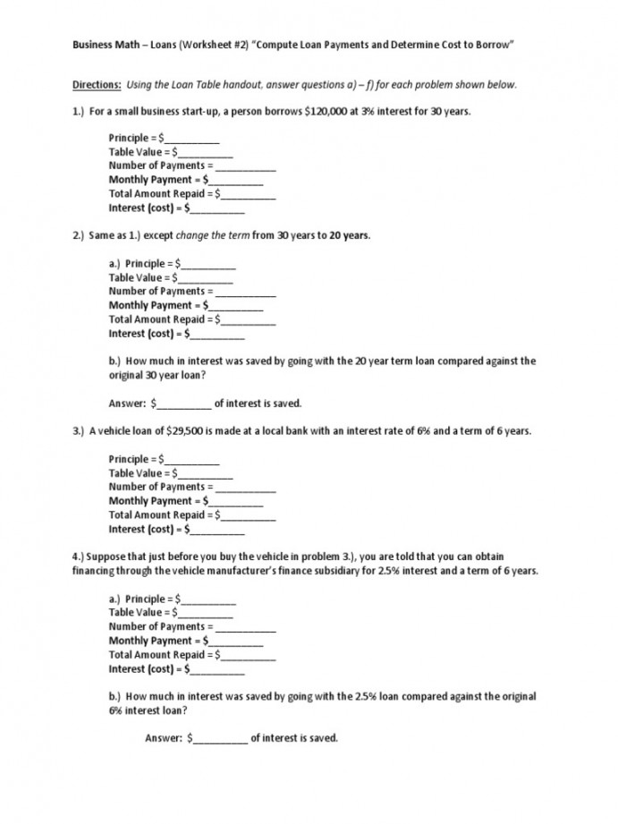 Business Math Loans Worksheet  Payment and Total Cost PDF