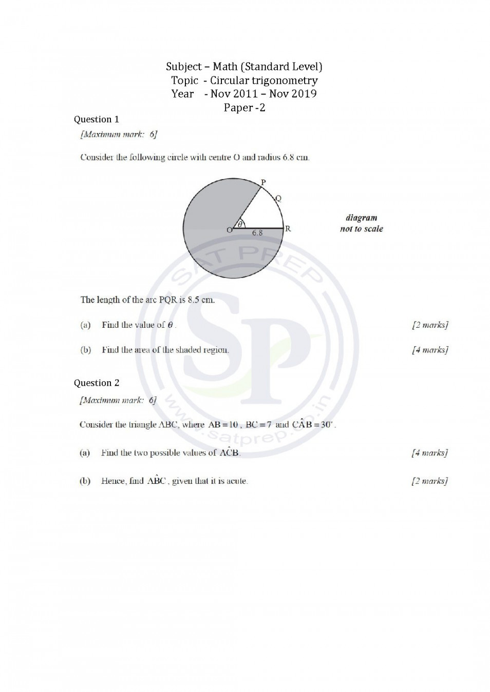 circular trigonometry question math SL paper  IBDP