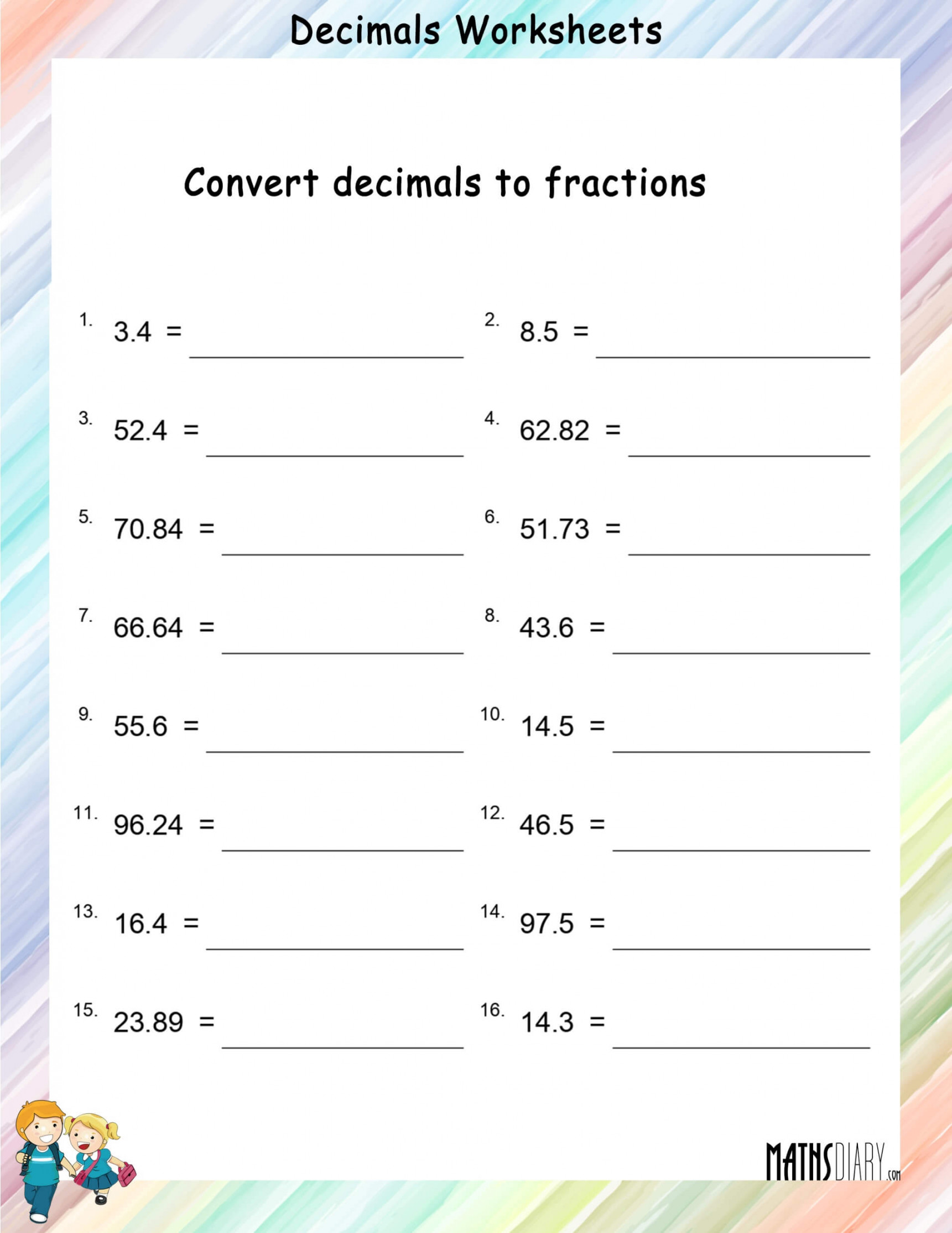 Convert Decimals to fractions worksheets - Math Worksheets
