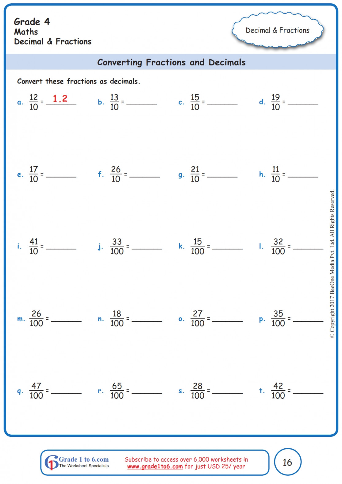 Converting Fraction to Decimals Worksheetswww.gradeto