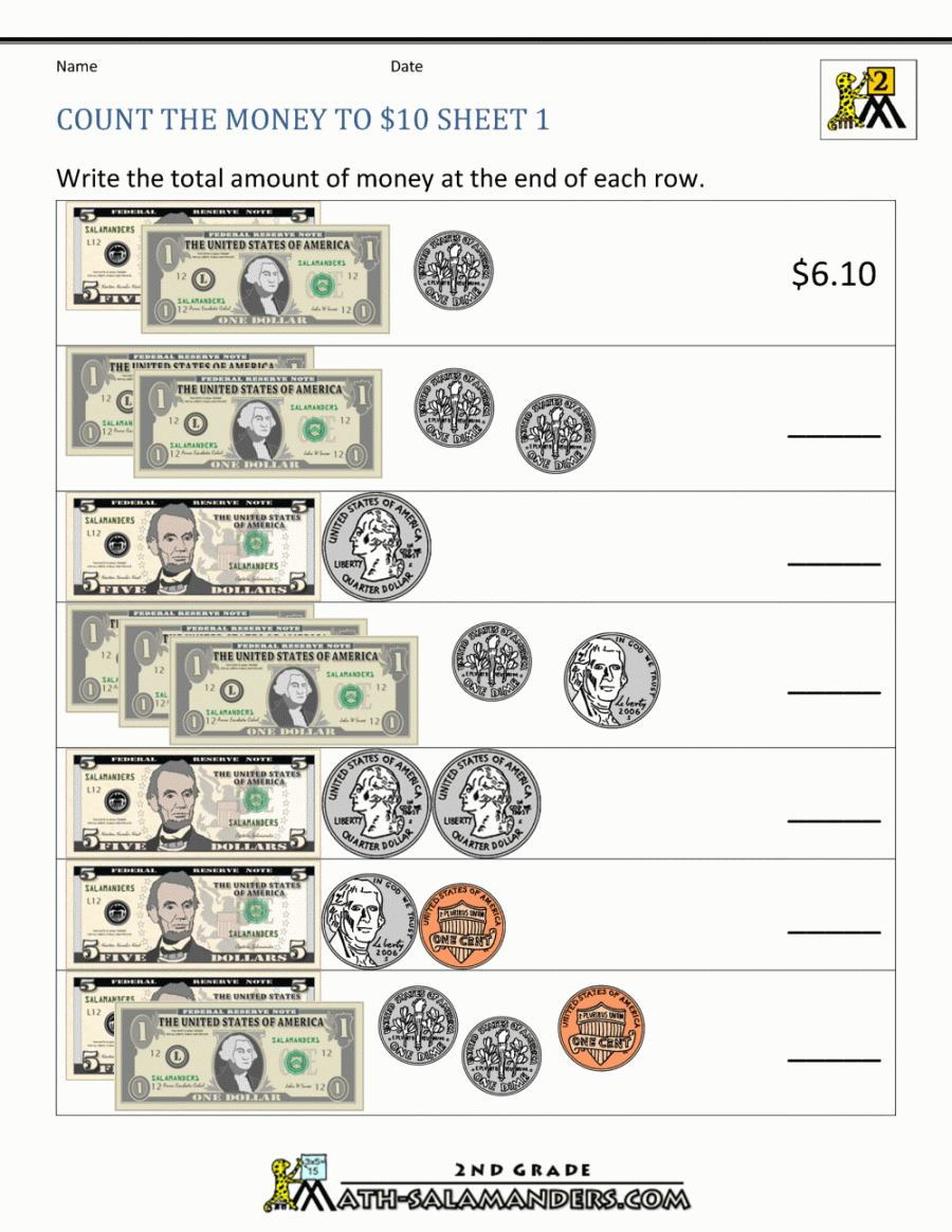 count-the-money-to--dollar  Money worksheets, Money math