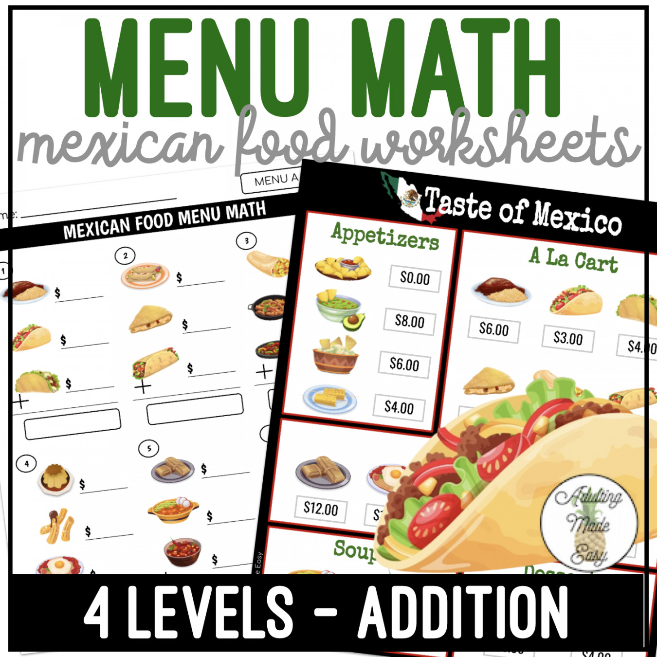 Mexican Food Menu Math Addition Worksheets