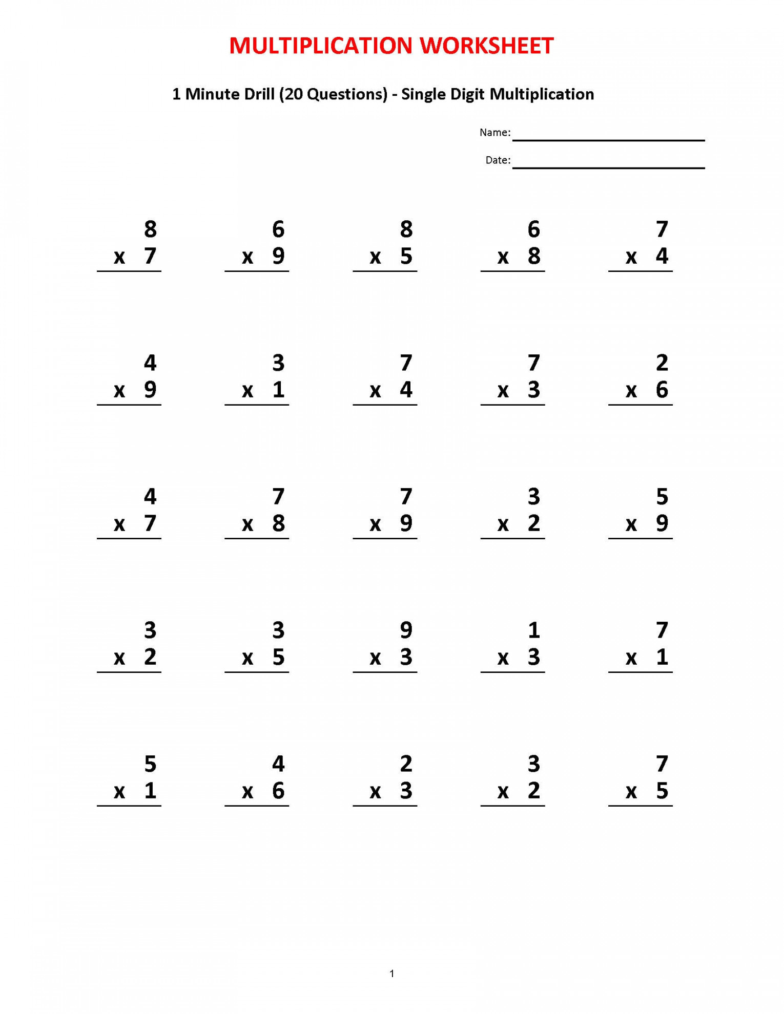 Multiplication  minute drill V 0 Math Worksheets with - Etsy