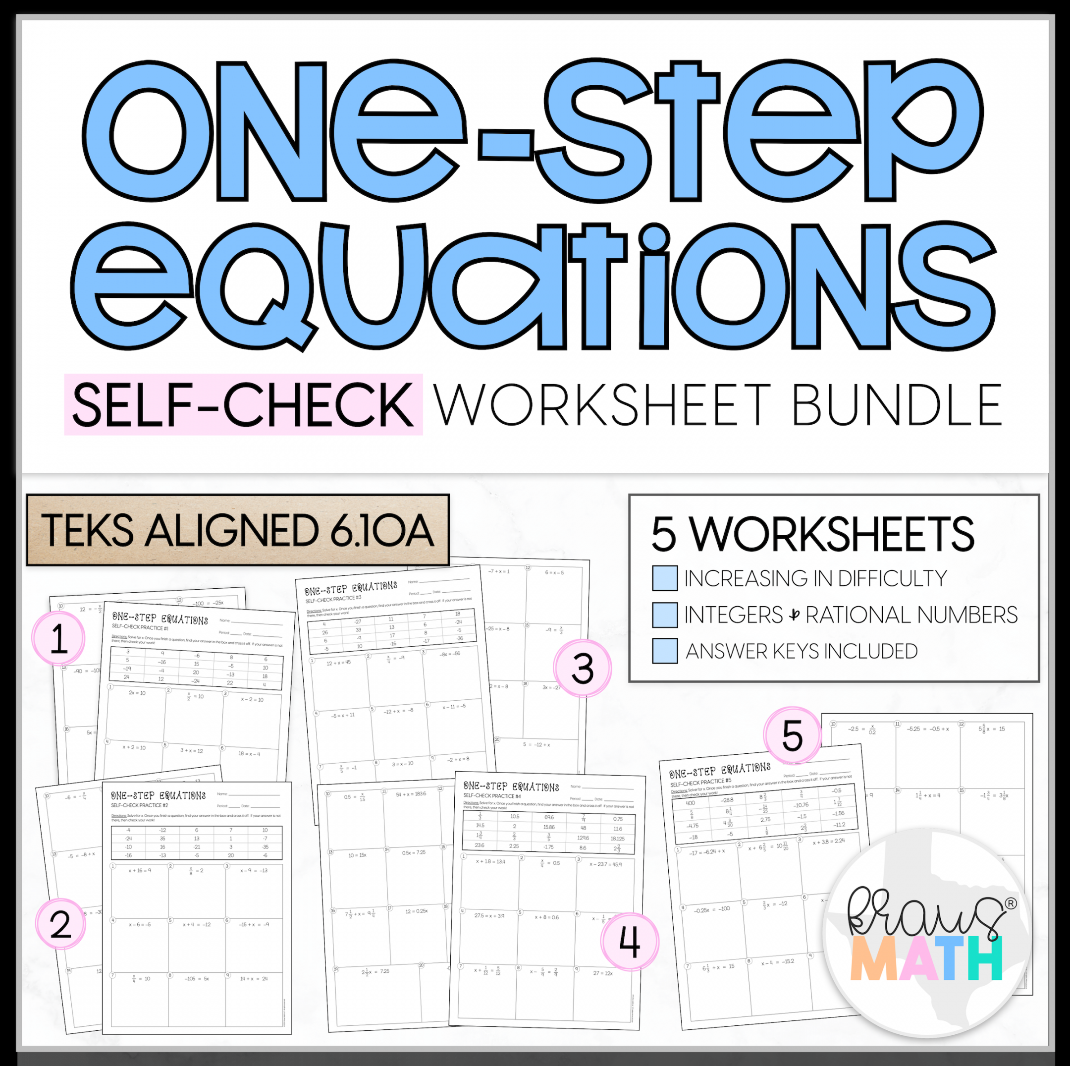 One-Step Equations SELF-CHECK Worksheets  TEKS