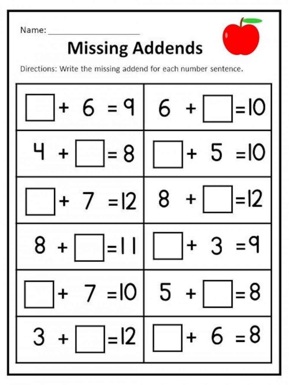 Printable Missing Addends Worksheets Numbers - for - Etsy