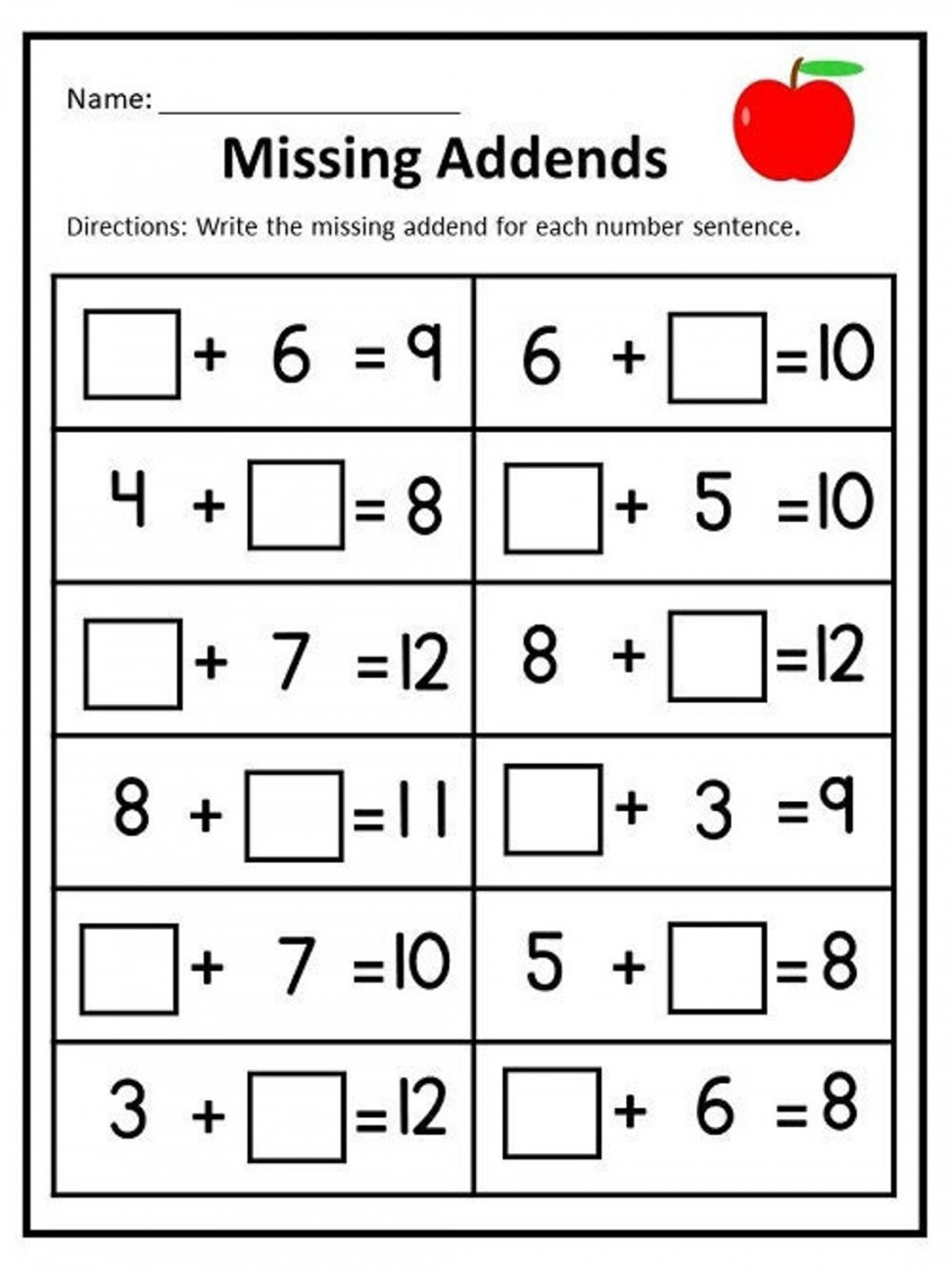 Printable Missing Addends Worksheets Numbers - for - Etsy