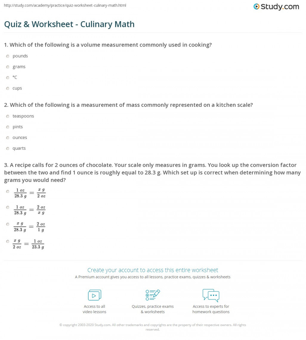 Quiz & Worksheet - Culinary Math  Study
