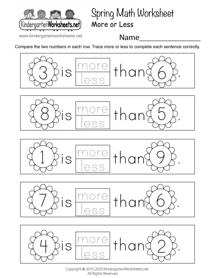 Spring Math Worksheet for Kindergarten - More or Less