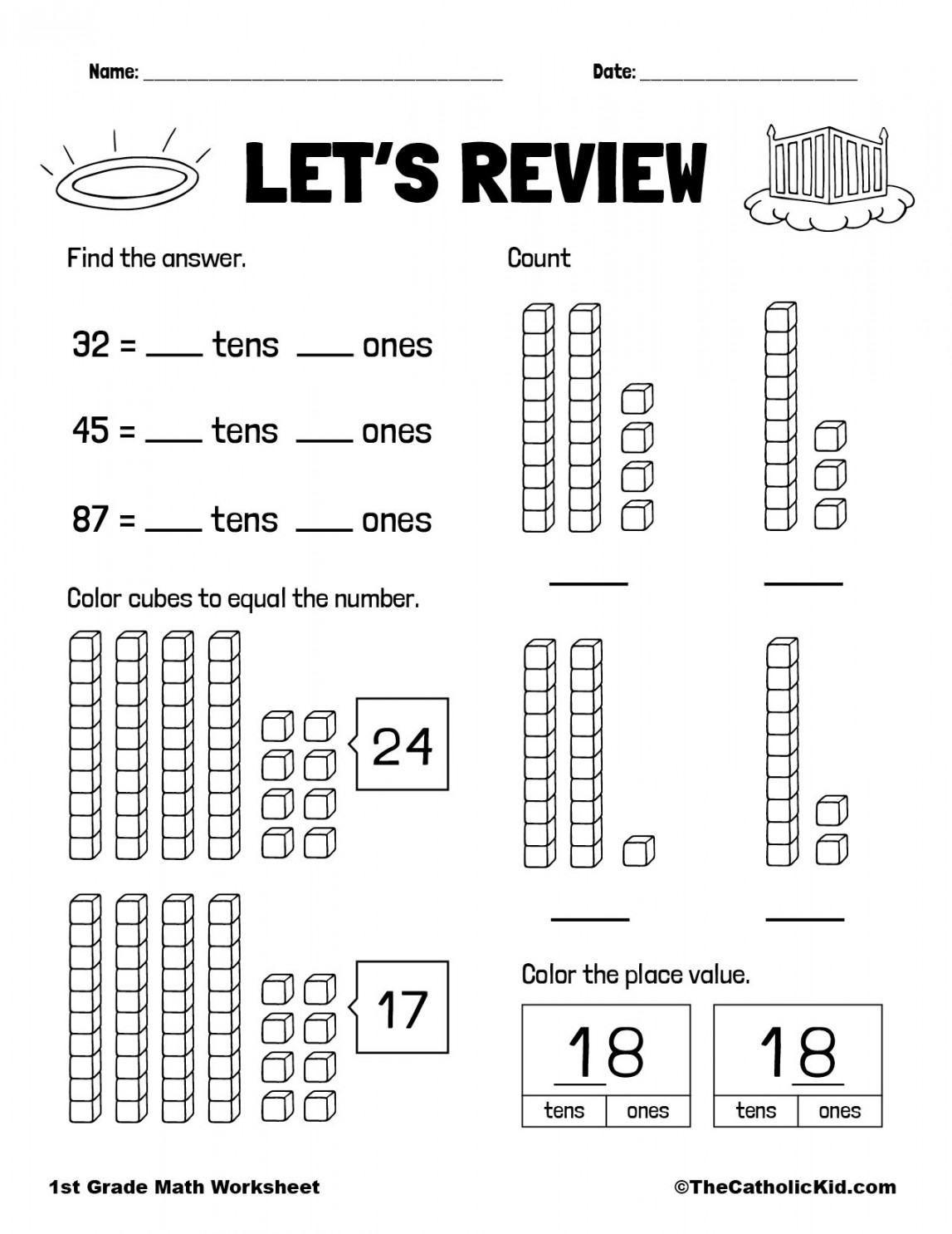 st Grade Math Review Worksheet - TheCatholicKid