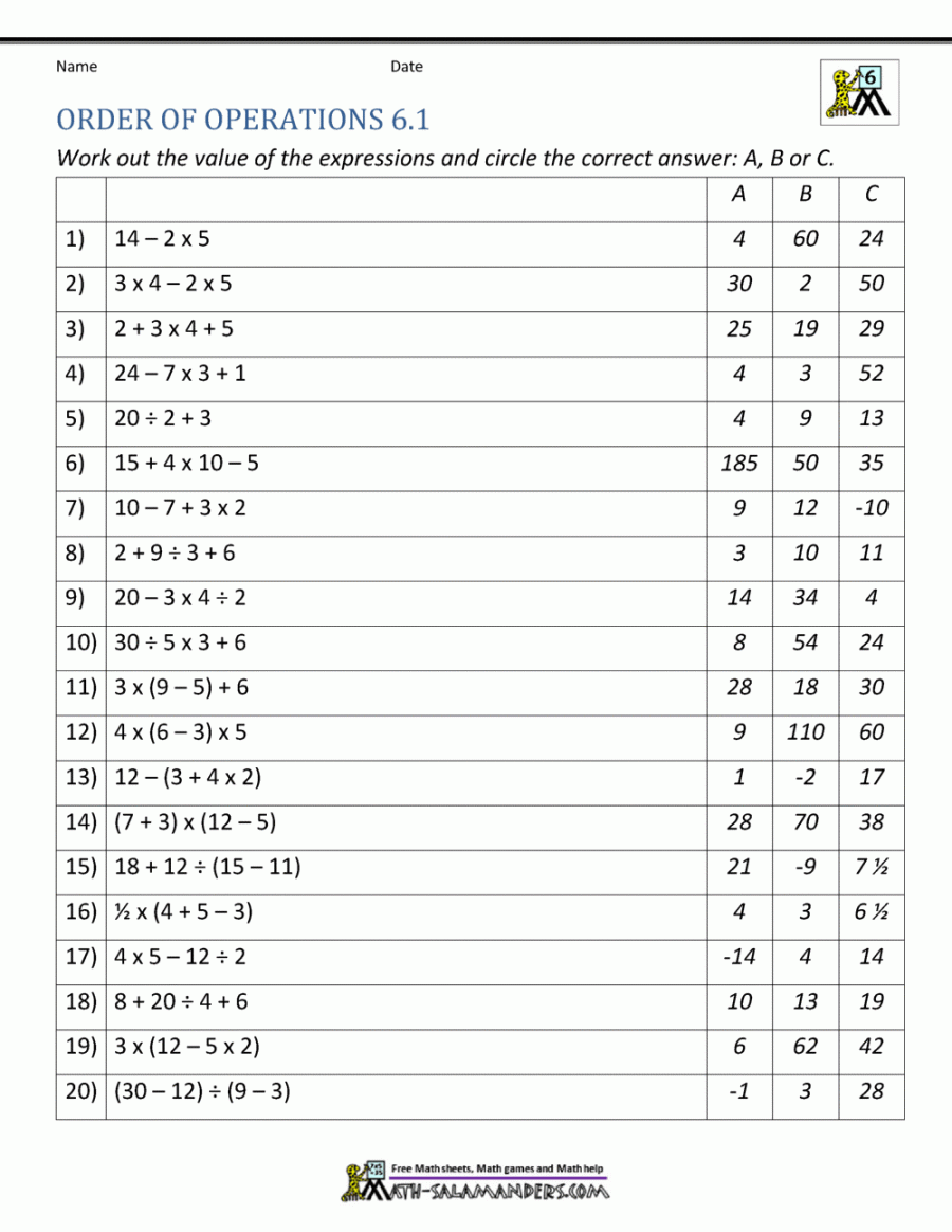 th Grade Order of Operations Worksheets