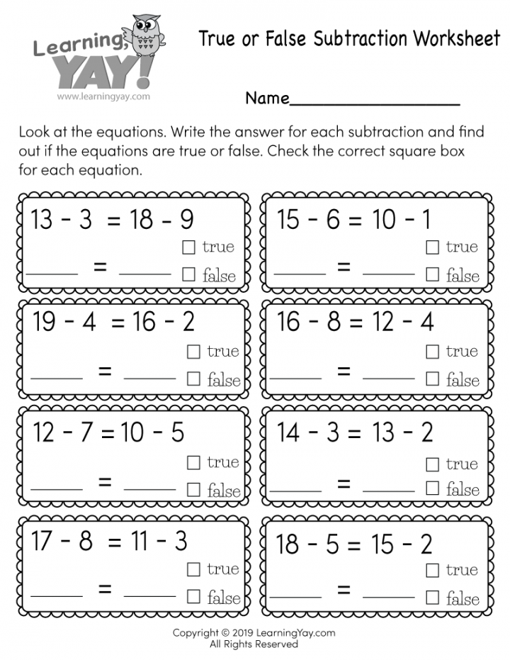 True or False Subtraction Worksheet for st Grade (Free Printable)