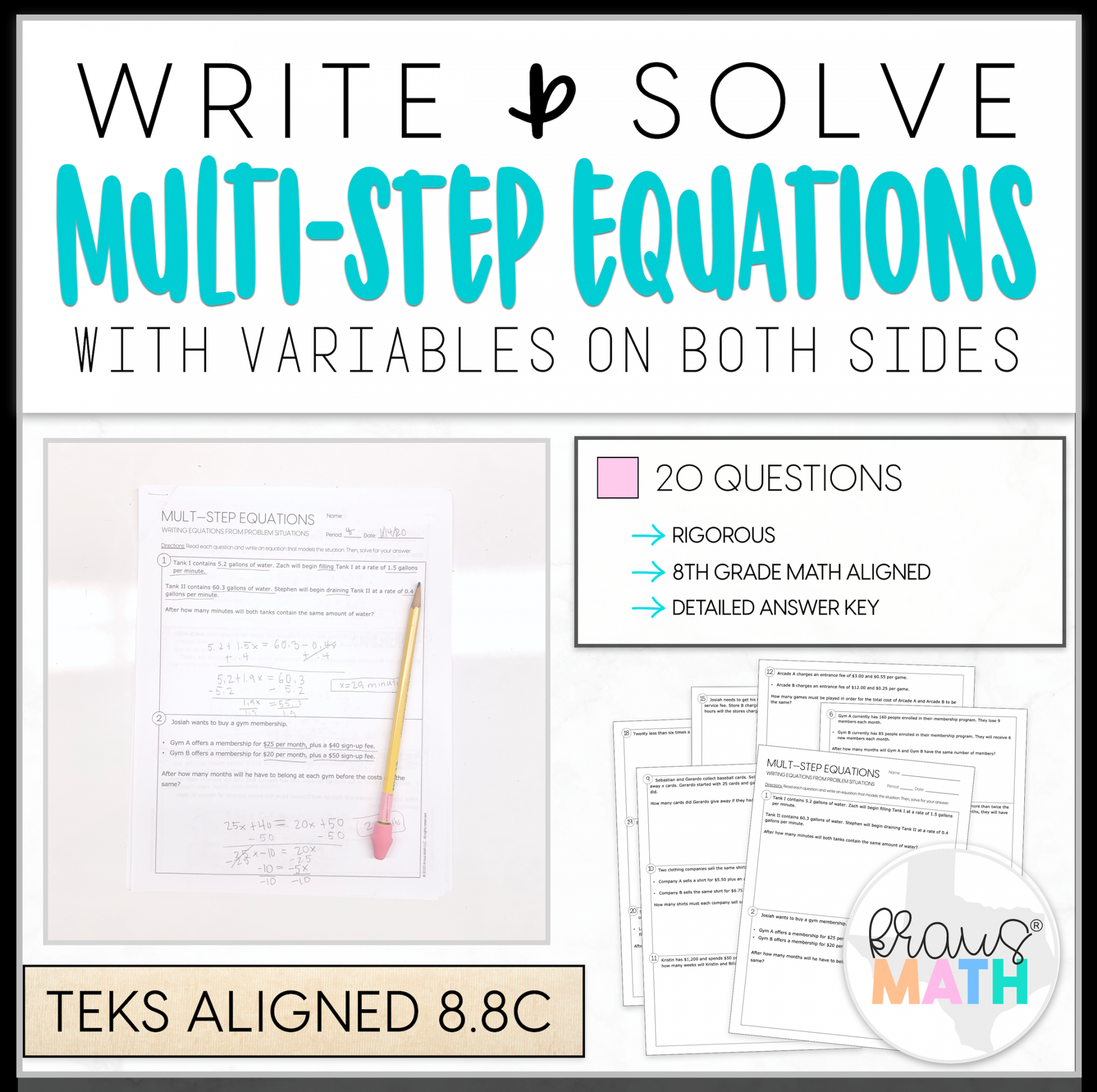 Write & Solve Multi-Step Equations Worksheet  TEKS