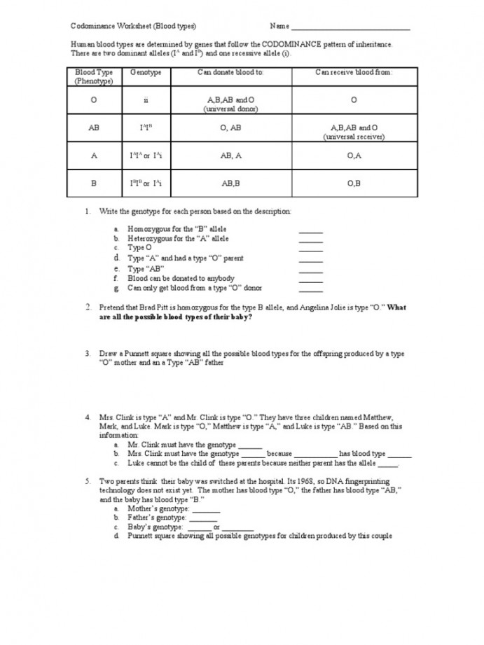 ABO Blood Type Worksheet  PDF  Allele  Dominance (Genetics)