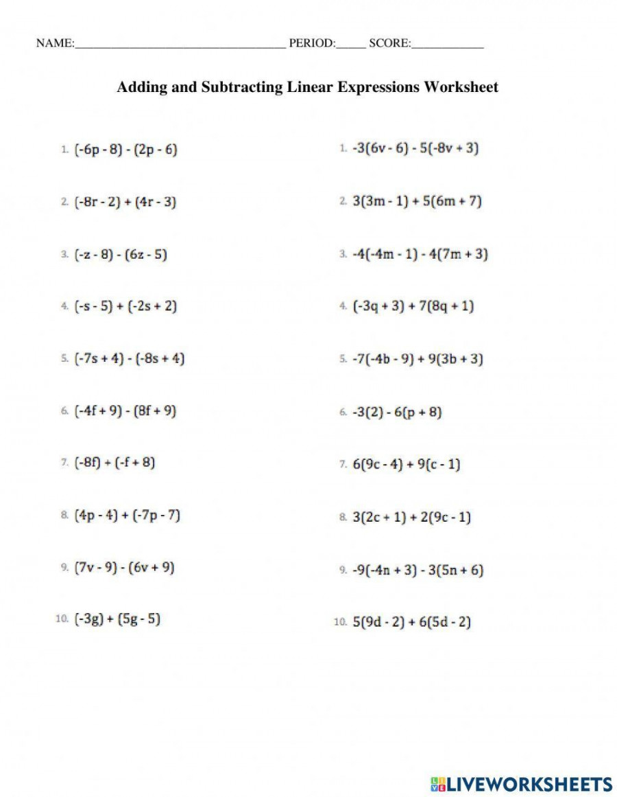 Add and Subtract Linear Expression Quiz worksheet  Live Worksheets