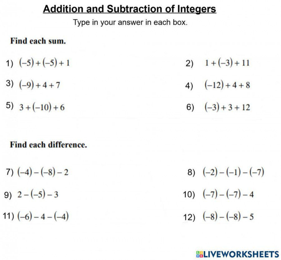 Adding - Subtracting Integers worksheet  Live Worksheets
