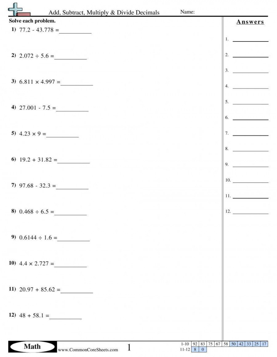 Adding, Subtracting, Multiplying and Dividing Decimals worksheet