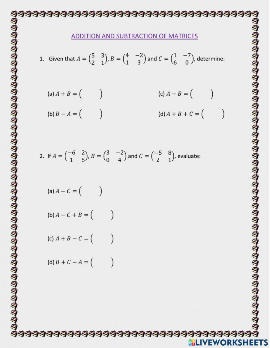Addition and Subtraction of Matrices worksheet  Live Worksheets