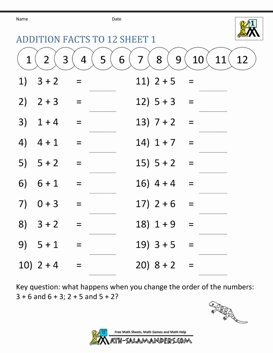 Addition Facts to  Worksheets