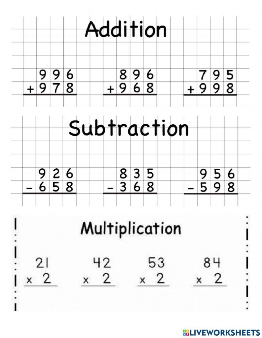 Addition , Subtraction and Multiplication worksheet  Live Worksheets