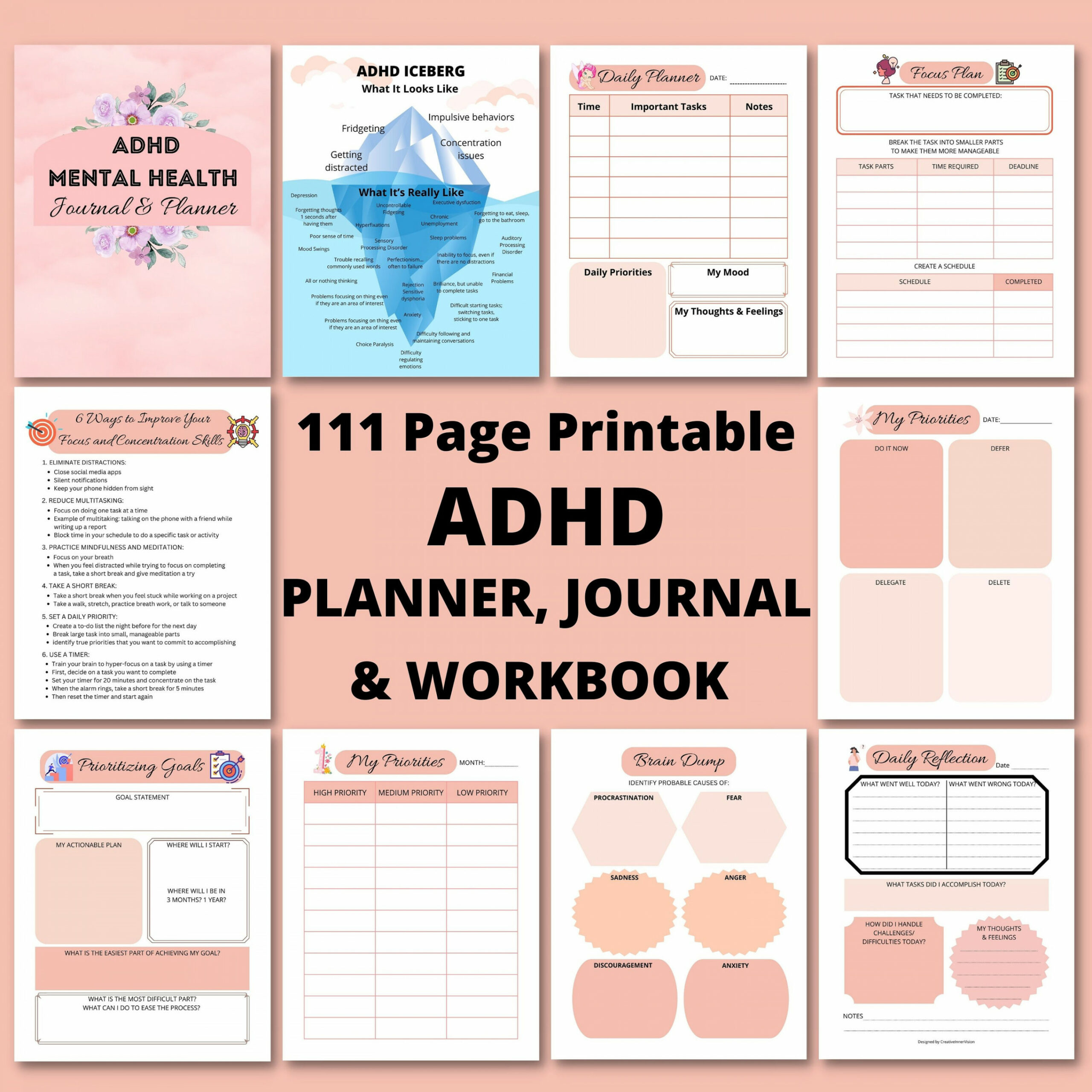 ADHD Planner Printable ADHD Workbook and Journal CBT Anxiety - Etsy