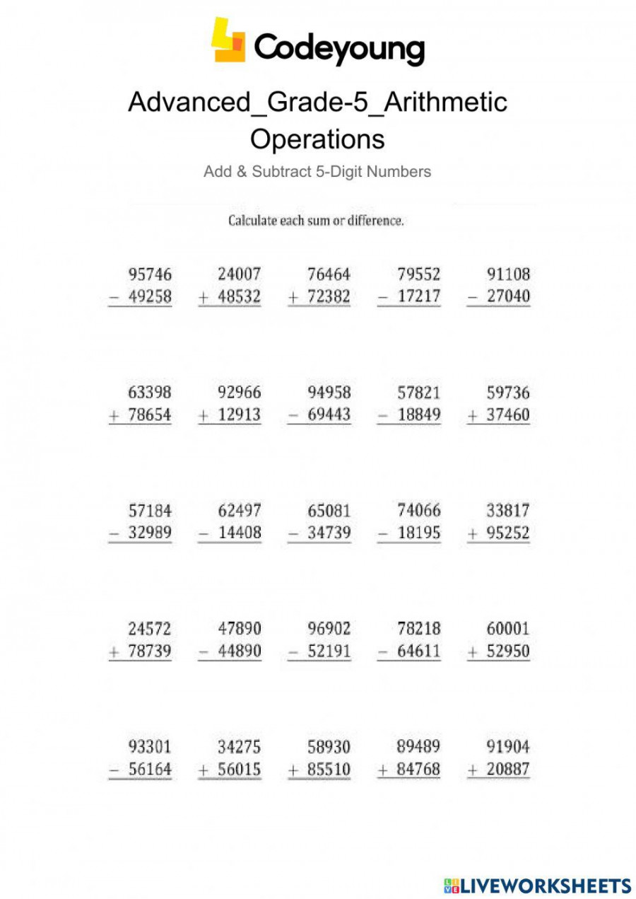 Advanced-Add & Subtract -Digit Numbers worksheet  Live Worksheets