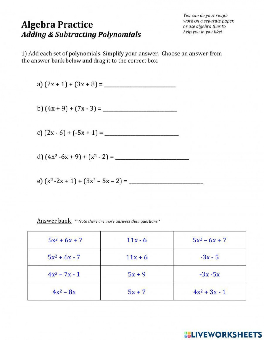 Algebra - Practice Adding & Subtracting Polynomials worksheet