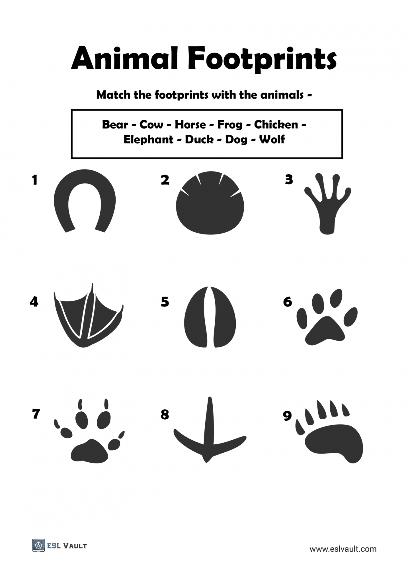 animal footprints worksheets - ESL Vault