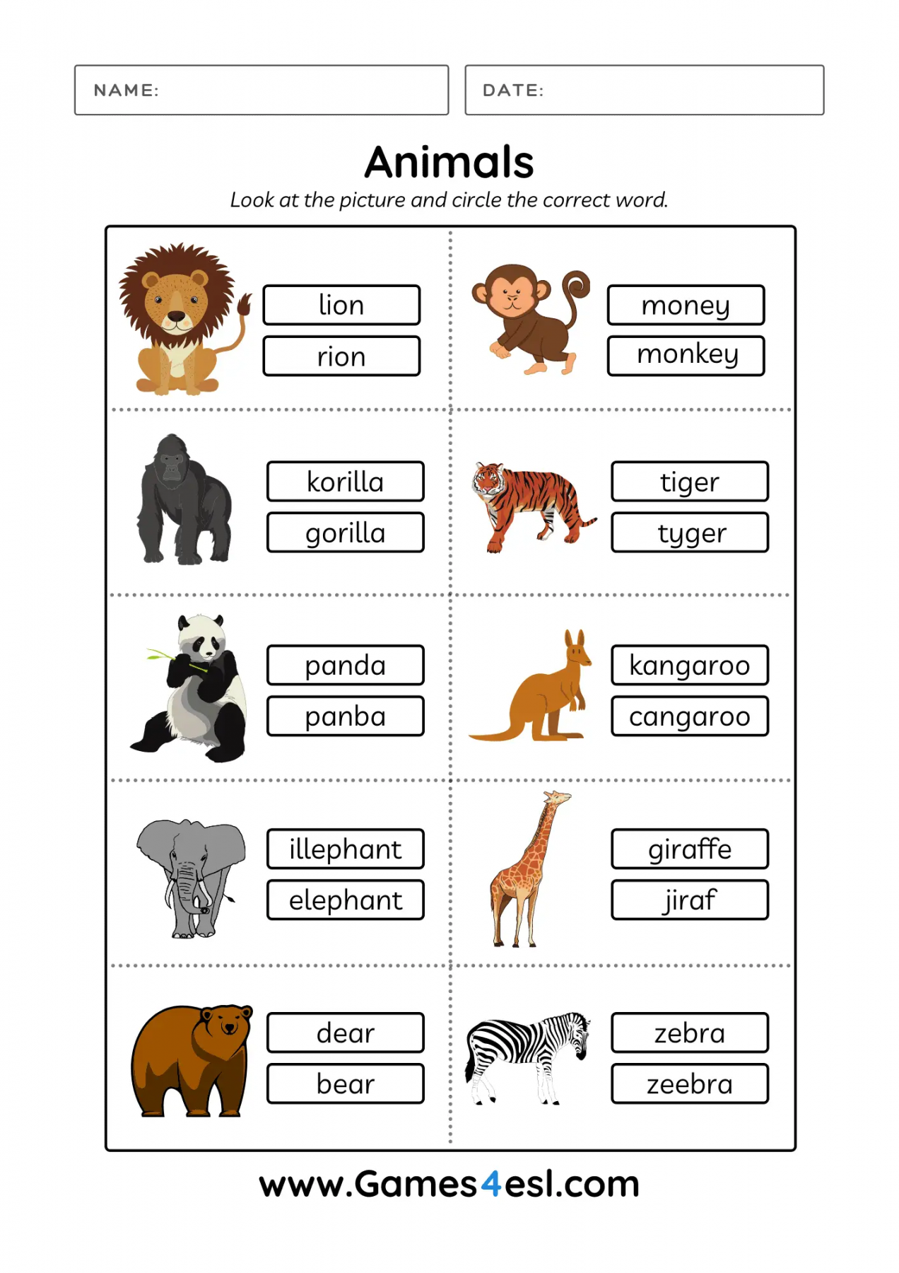 Animal Worksheets  Gamesesl