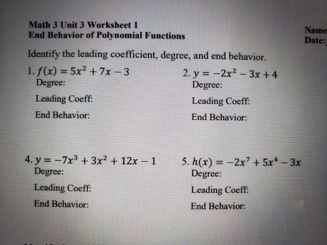 Answered: Math  Unit  Worksheet  End Behavior  bartleby