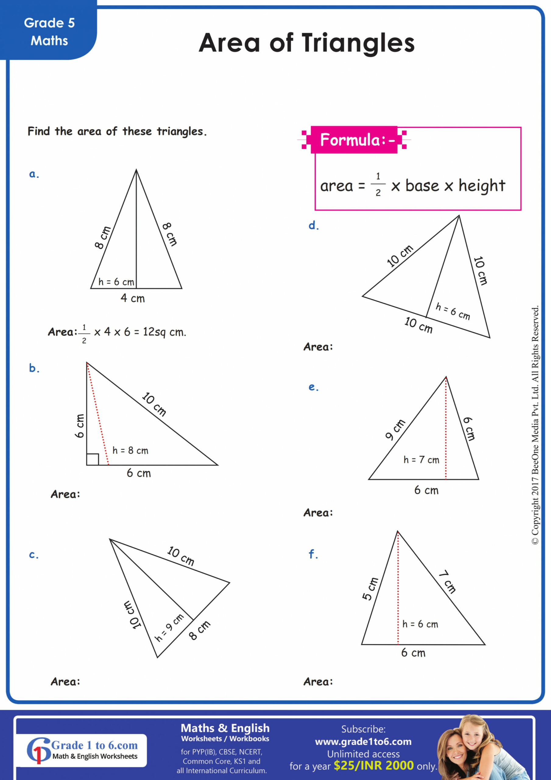 Area of Triangles Worksheets  PYP IB Grade