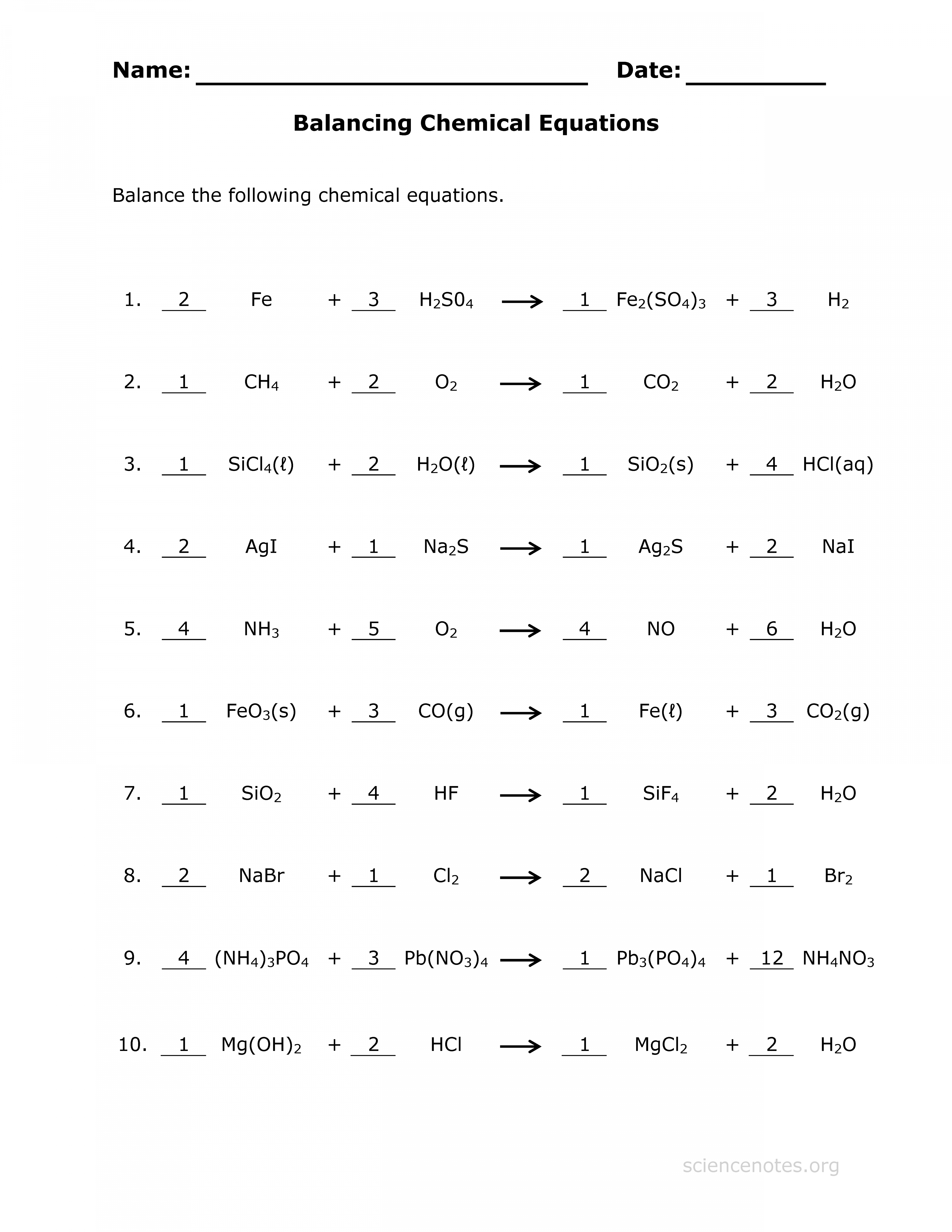 balancing chemical equations worksheet 2