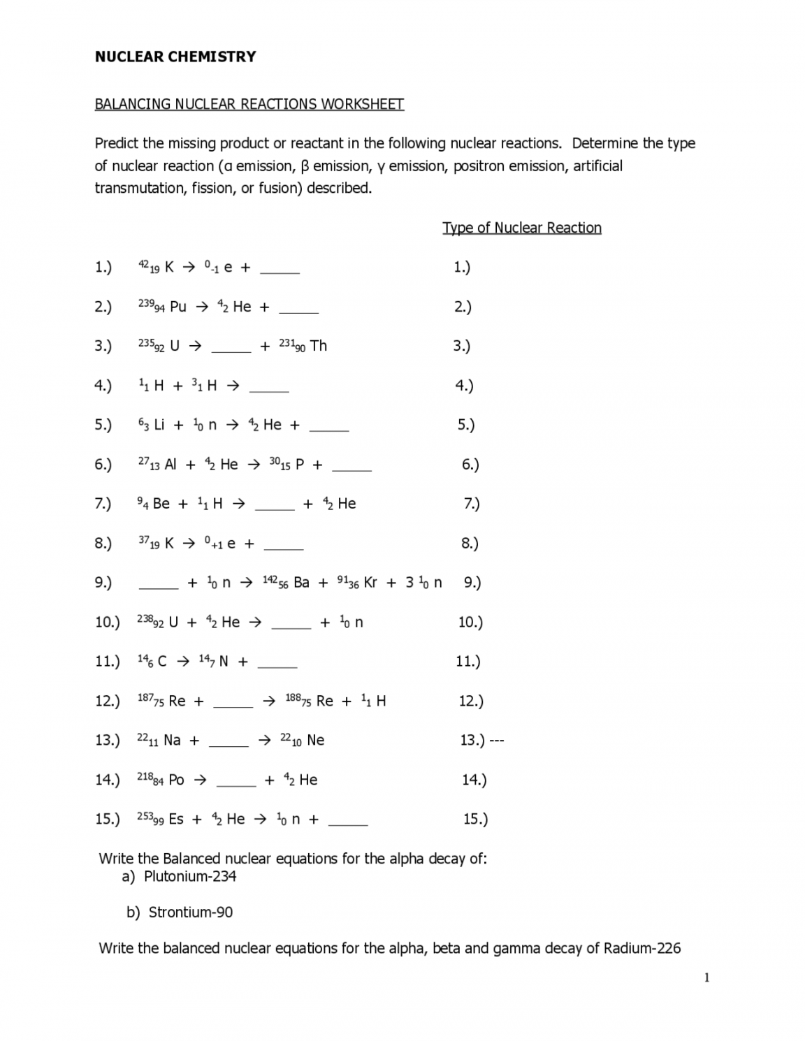 Balancing nuclear reactions worksheet  Slides Chemistry  Docsity