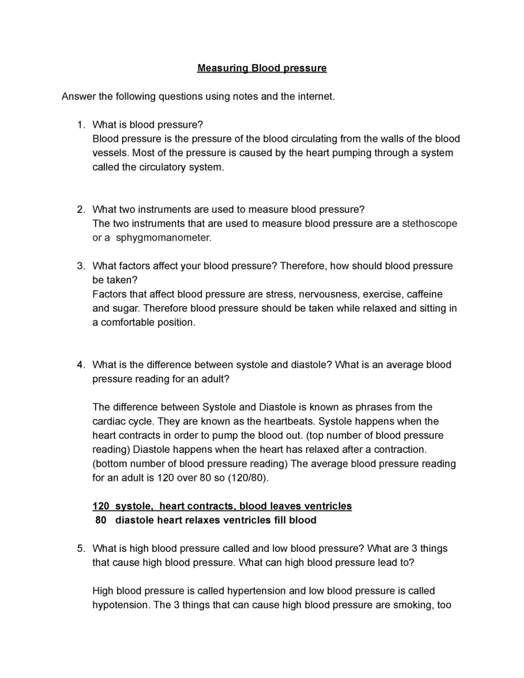 Blood pressure answers - Measuring Blood pressure Answer the