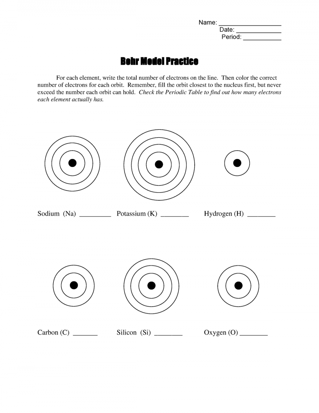 Bohr Model Practice  - Name: Date: ______ Period: ______ Bohr