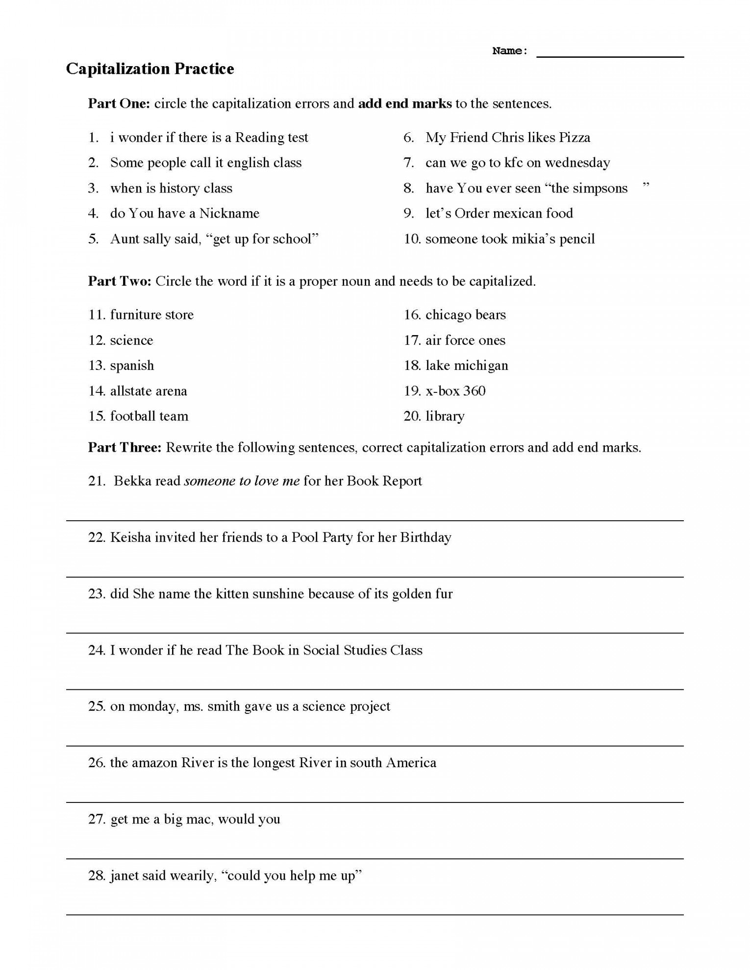 Capitalization Practice Worksheet  Grammar Activity