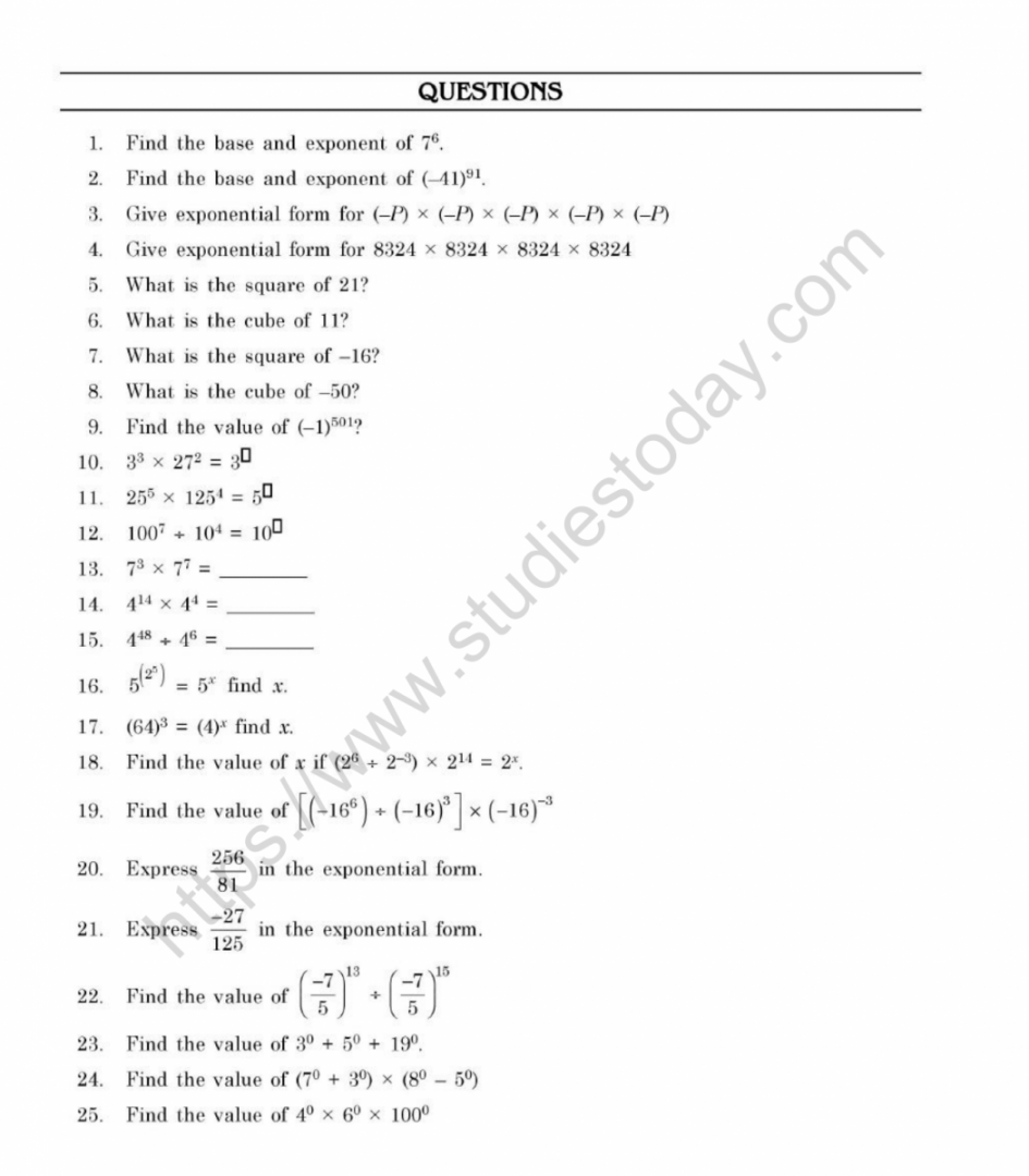 CBSE Class  Mental Maths Exponents And Powers Worksheet