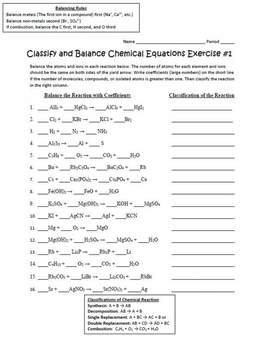 Classify and Balance Chemical Equations Exercise Set with Keys