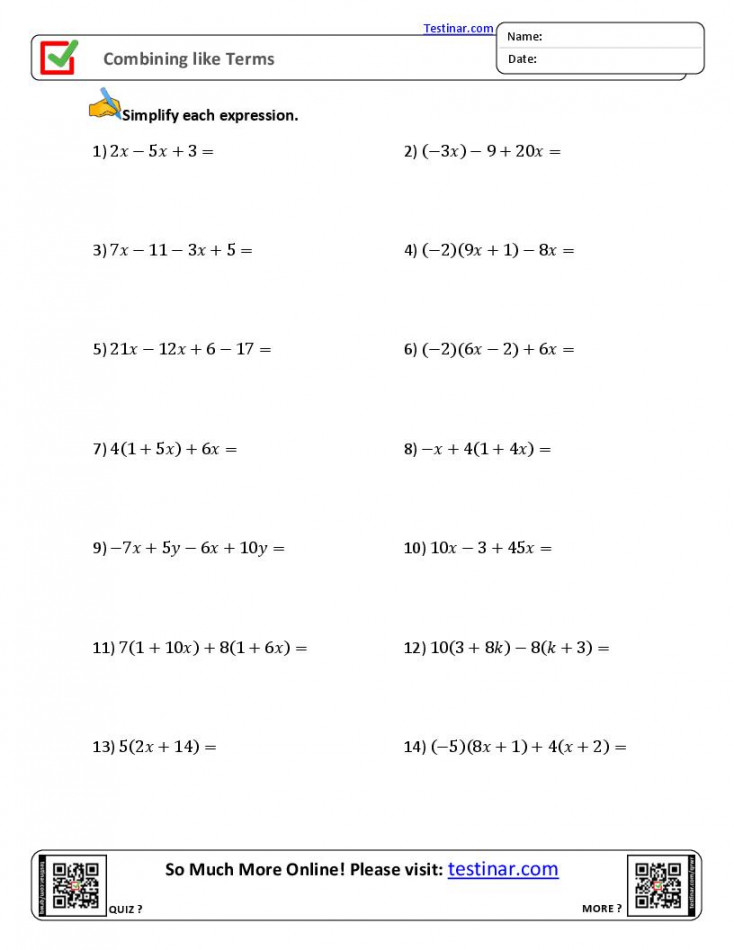 combining like terms worksheets